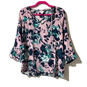 J.Jill Mauve Beautiful Blossoms Blouse Size XS Floral Ruffle Sleeve Tie Neck NEW